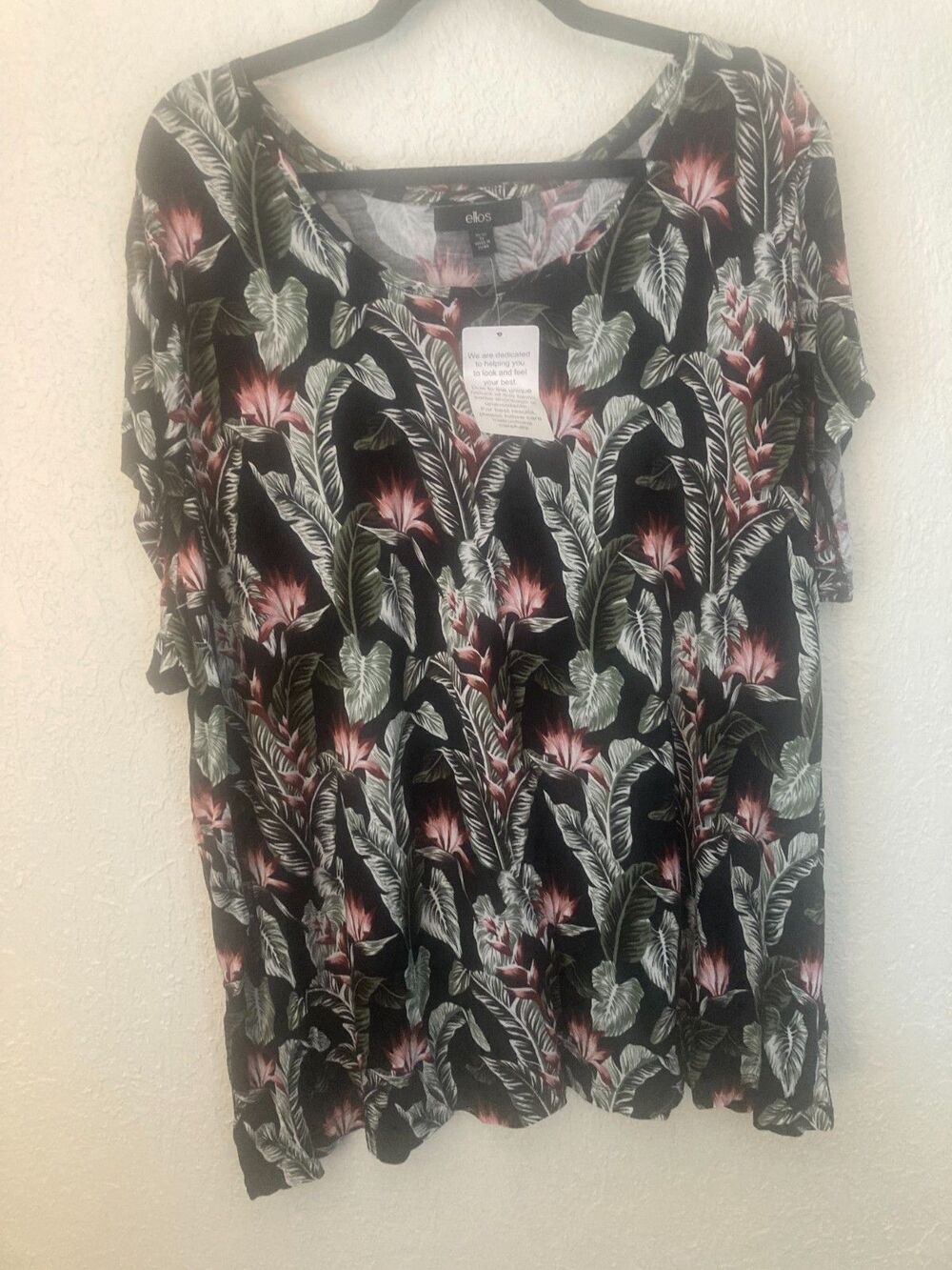 Ellos 3X Black Tropical Floral Rayon Blouse Plus Size Resort Vacation NWT